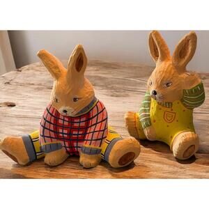 SET OF 2 LARGE EASTER BUNNIES PAPIER MACHE HAND PAINTED Baby 12” High FAST SHIP